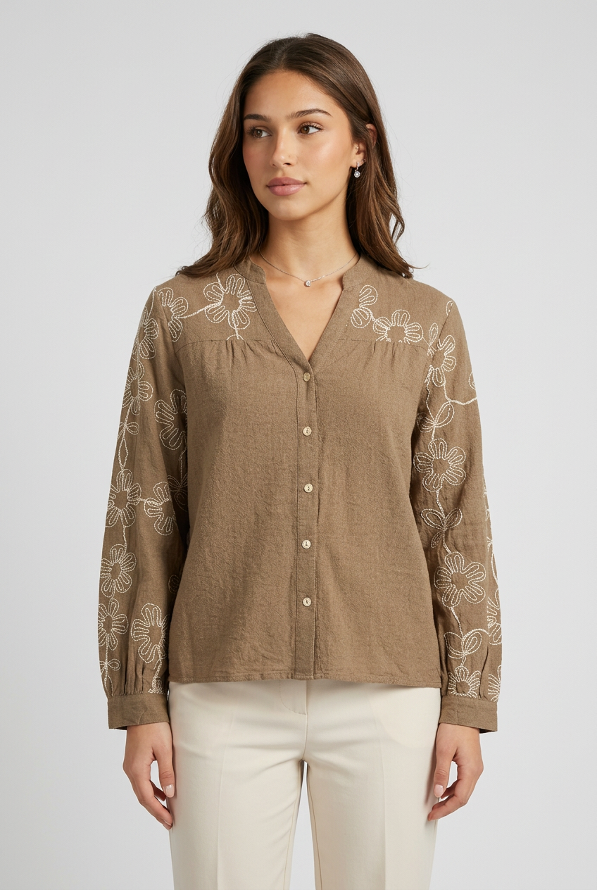Camisa bordado flores marron