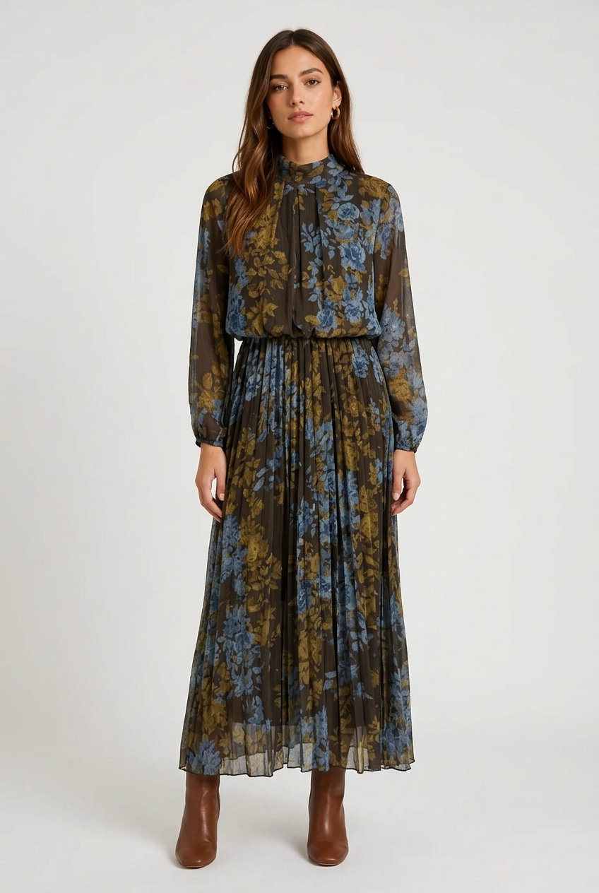 VESTIDO LARGO FLORES MARRON