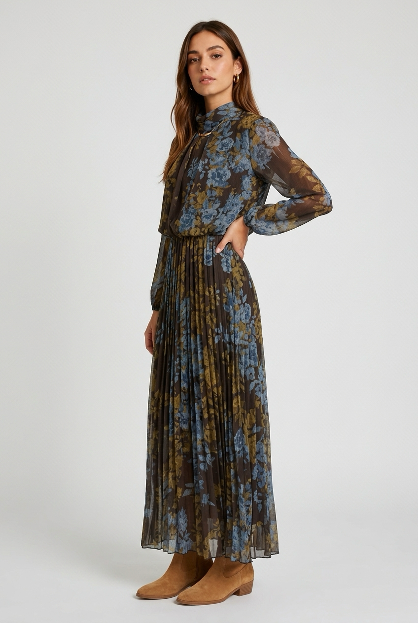 VESTIDO LARGO FLORES MARRON