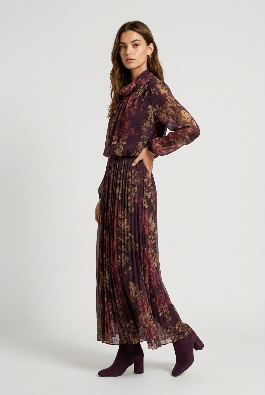 VESTIDO LARGO FLORES GRANATE