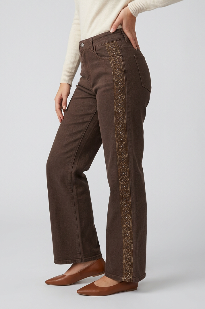 Jeans bordado lateral marron