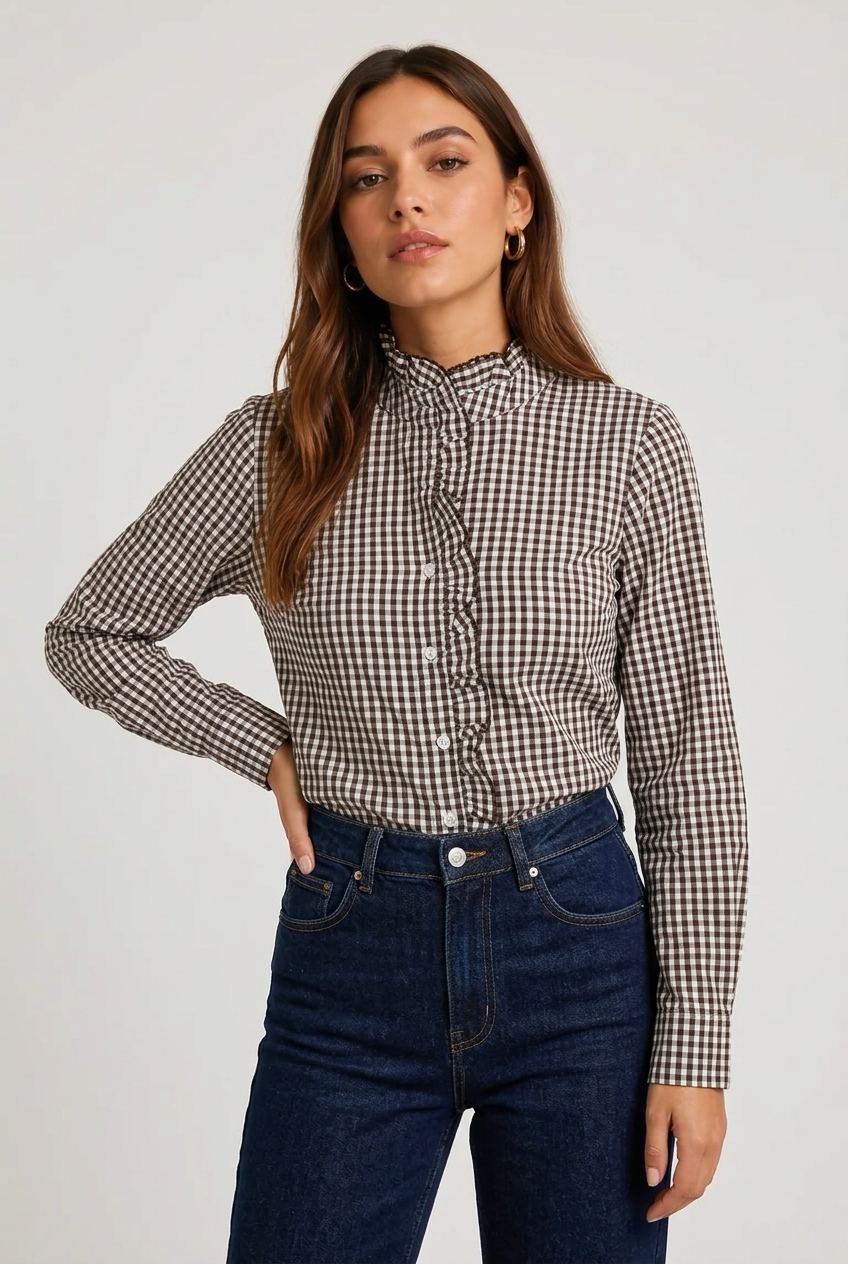 Camisa cuadros volante marron