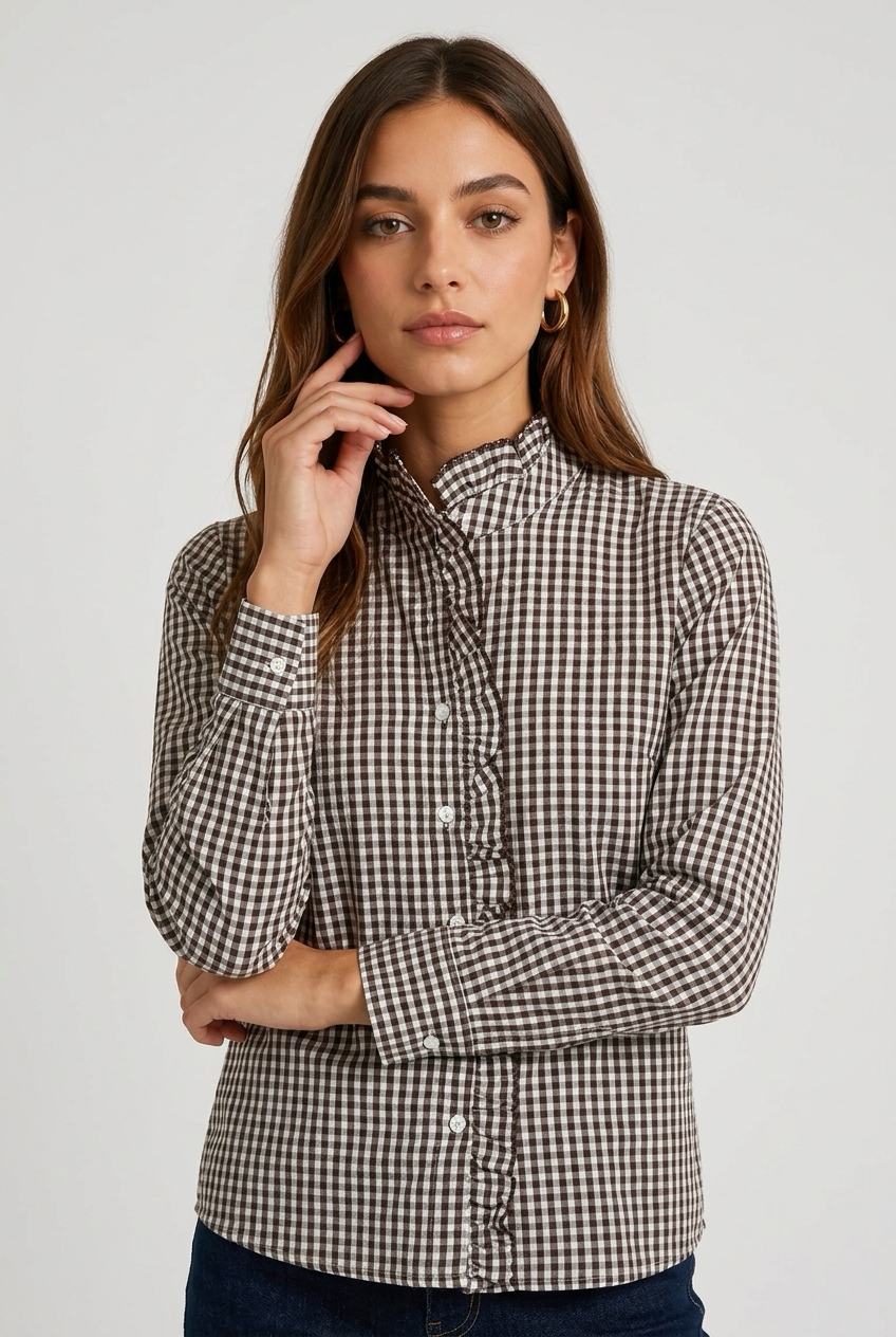 Camisa cuadros volante marron
